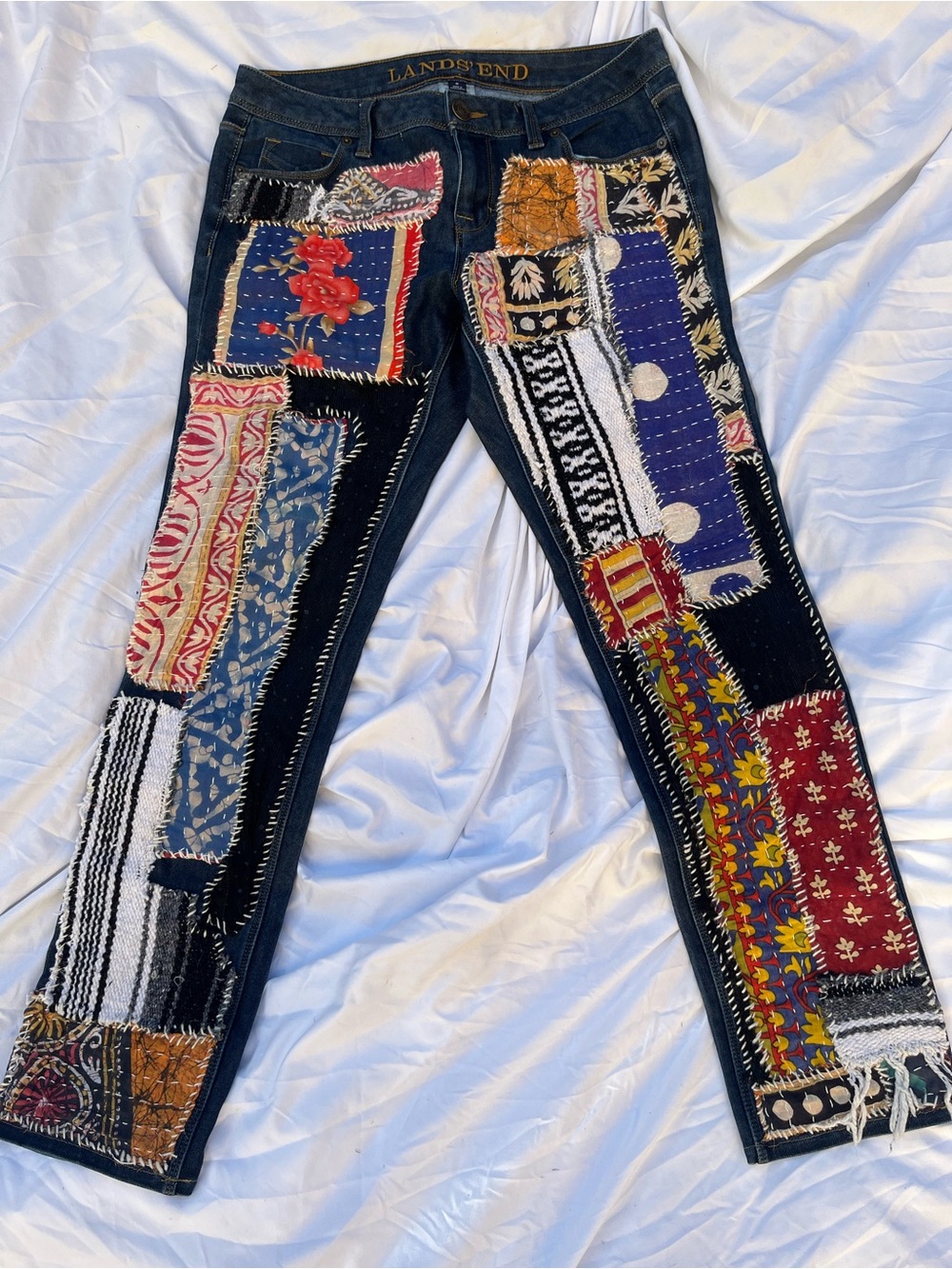 Lands End OOAK Reworked Kantha Patchwork Jeans Tribal Boho Straight